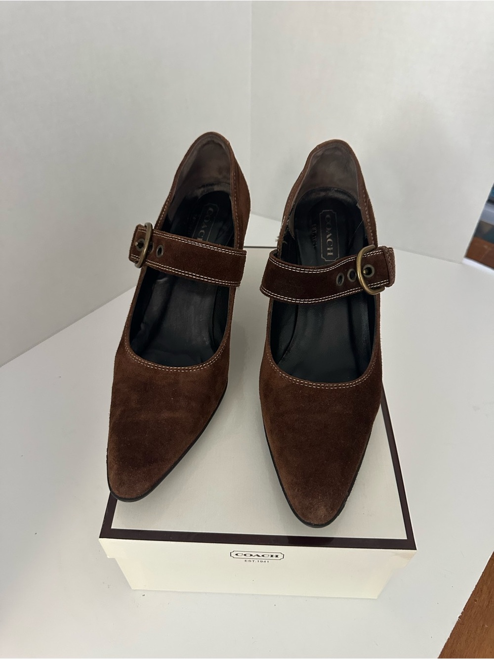 Coach Brown Suede Mary Jane Heels with Buckle Strap